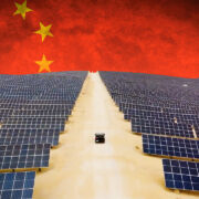 Kubuqi Desert Solar Plant with the chinese flag over it